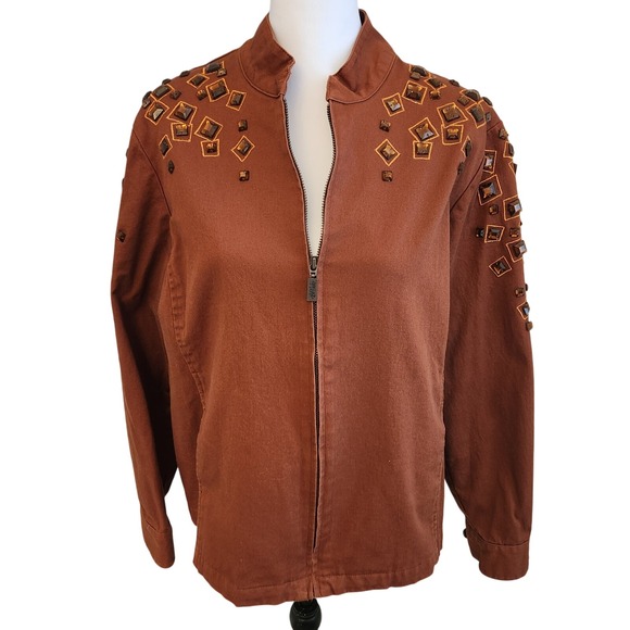Bob Mackie Y2K Wearable Art Embellished Jacket Brown Beaded Statement Piece L - Picture 1 of 9
